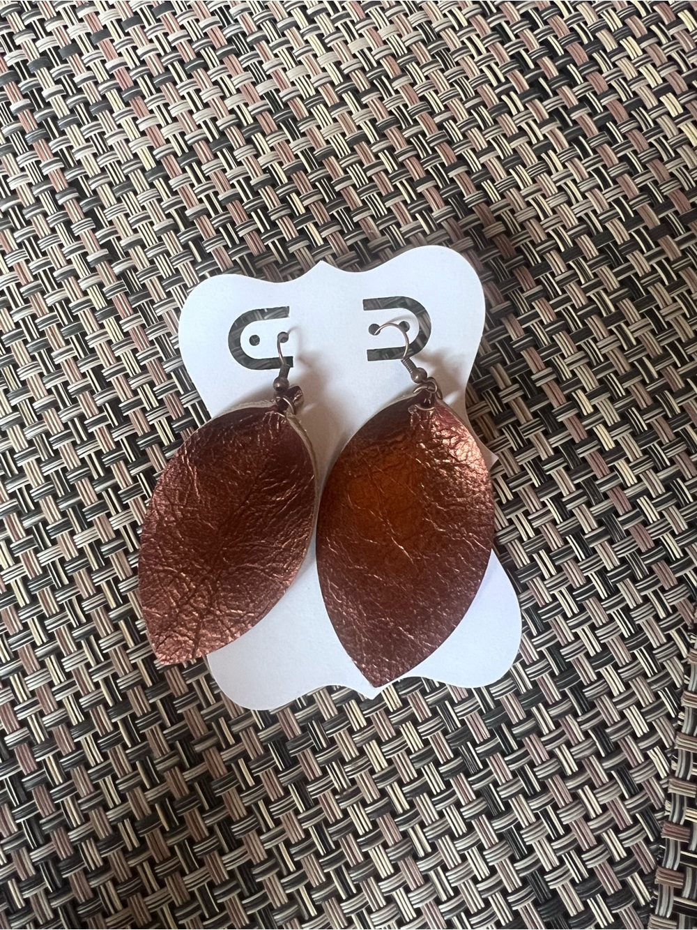 Leaf-Shaped Metallic Copper Drop Earrings Leather NWT